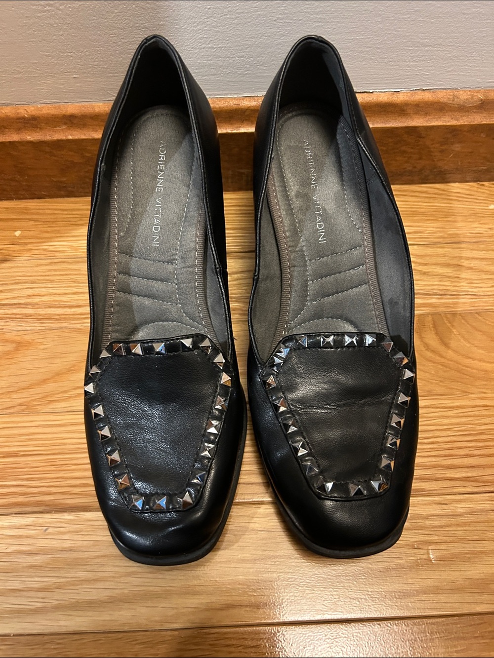 Adrienne Vittadini Black Studded Leather Loafers — Sleek Square Toe